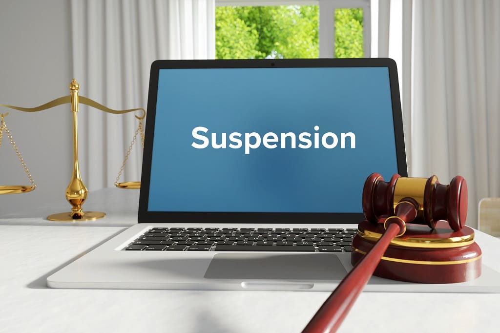 Suspension – Law, Judgment, Web. Laptop in the office with ter