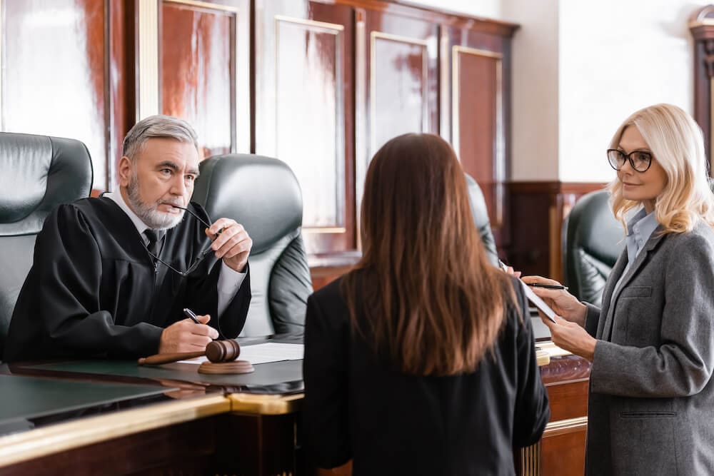 professional with a license accusation talking to a judge in court with their license defense attorney